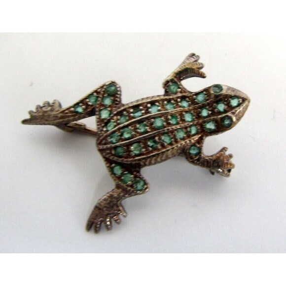 Vintage 925 Sterling Silver Emerald Frog Brooch Pin Thailand - Picture 2 of 9